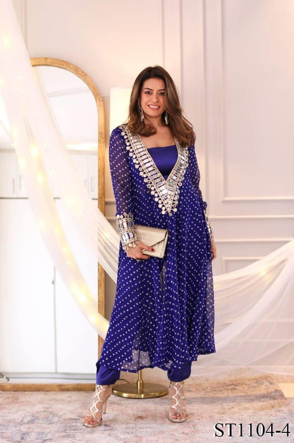 Beautiful Georgette Kurti Set With Digital Print And Mirror Cut Work