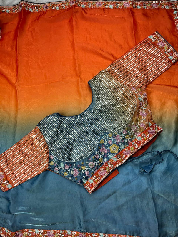 Beautiful Rich Satin Saree With Sequins & Heavy Embroidery Work