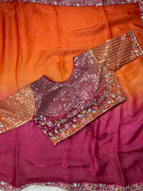 Beautiful Rich Satin Saree With Sequins & Heavy Embroidery Work