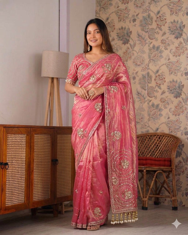 Beautiful Rich Space Silk Saree With Tone-to-Tone aarco Embroidery work