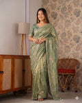 Beautiful Rich Space Silk Saree With Tone-to-Tone aarco Embroidery work
