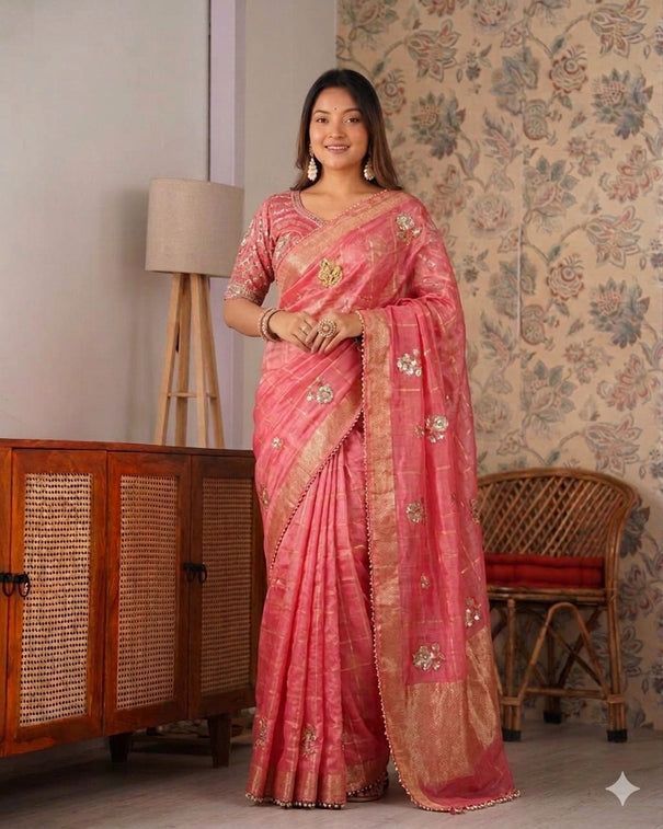 Beautiful Rich Space Silk Saree With Tone-to-Tone aarco Embroidery work