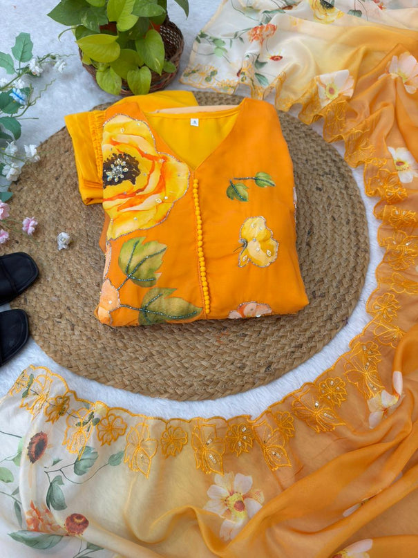 Beautifull Fox Georgette Handwork Neck Sleeve Gown