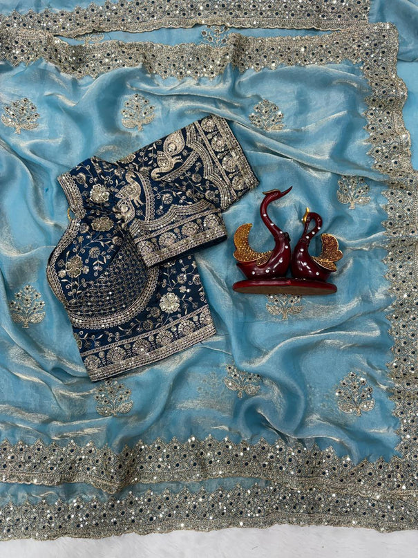 Beautifull Soft Frendy Satin With Sequience Zari Embroidery Work Saree