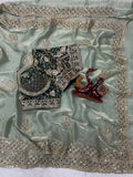 Beautifull Soft Frendy Satin With Sequience Zari Embroidery Work Saree