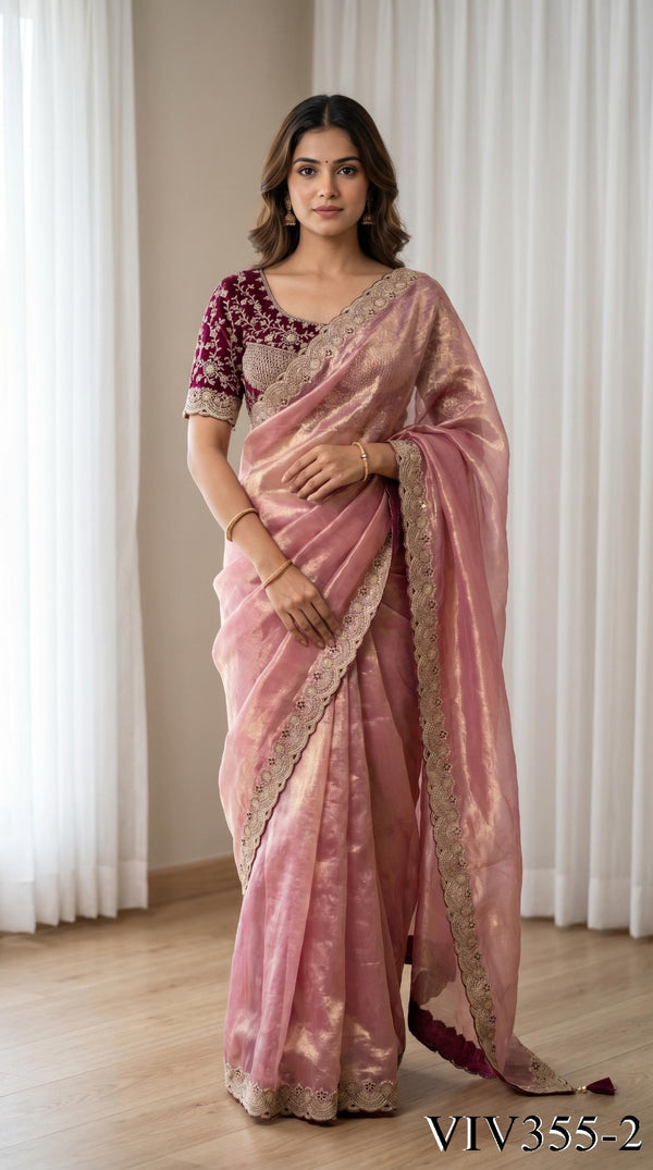 Beautiful Elegant Rich Look Embroidery Thread Work Premium Space Silk Saree