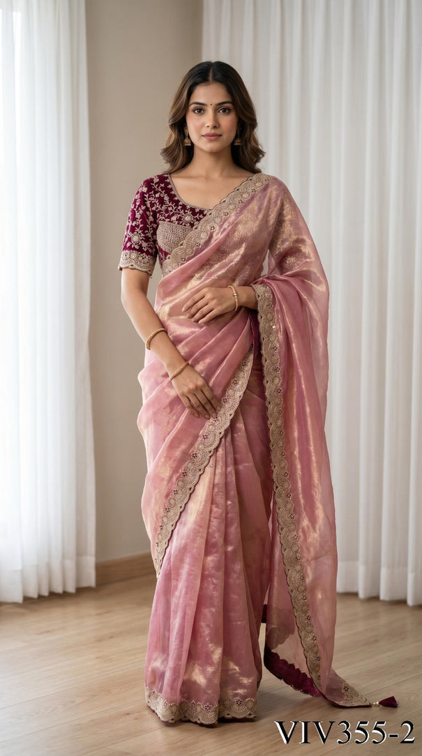 Beautiful Elegant Rich Look Embroidery Thread Work Premium Space Silk Saree