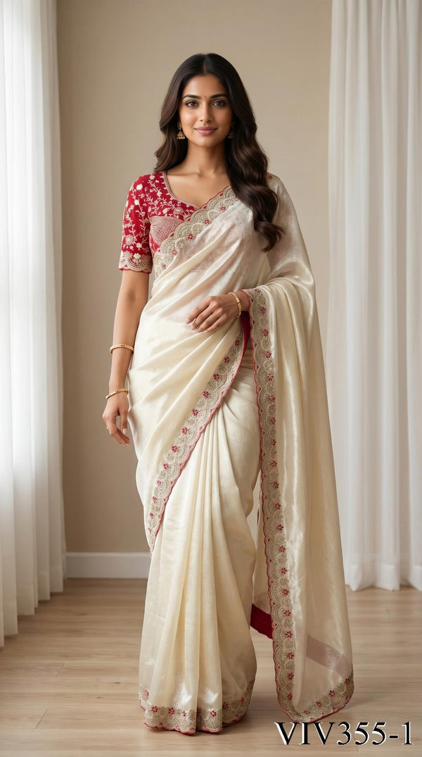 Beautiful Elegant Rich Look Embroidery Thread Work Premium Space Silk Saree