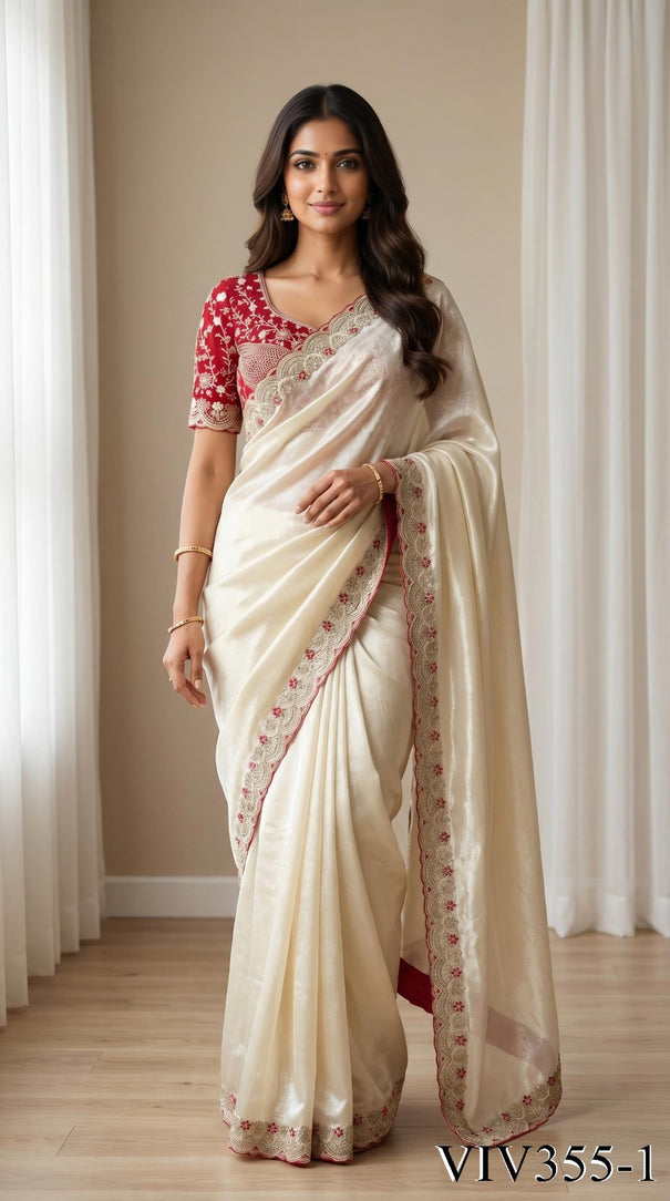 Beautiful Elegant Rich Look Embroidery Thread Work Premium Space Silk Saree