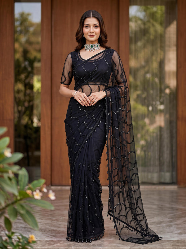 Beautiful Soft Rich Net Embroidery Sequence Pearl Work Saree
