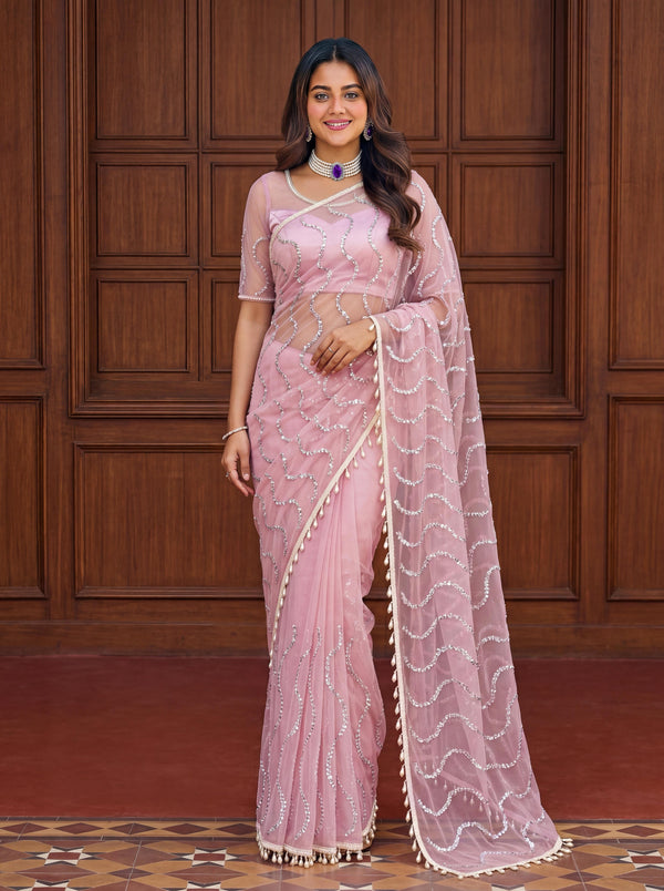 Beautiful Soft Rich Net Embroidery Sequence Pearl Work Saree
