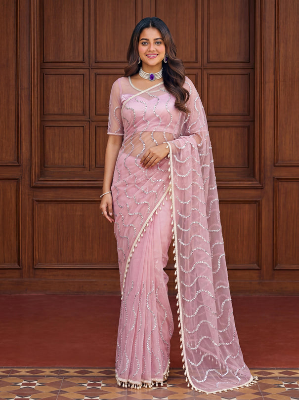 Beautiful Soft Rich Net Embroidery Sequence Pearl Work Saree