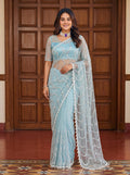 Beautiful Soft Rich Net Embroidery Sequence Pearl Work Saree
