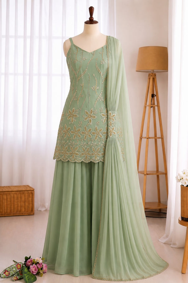 Faux Georgette Front & Back Embroidery Work Kurti Set