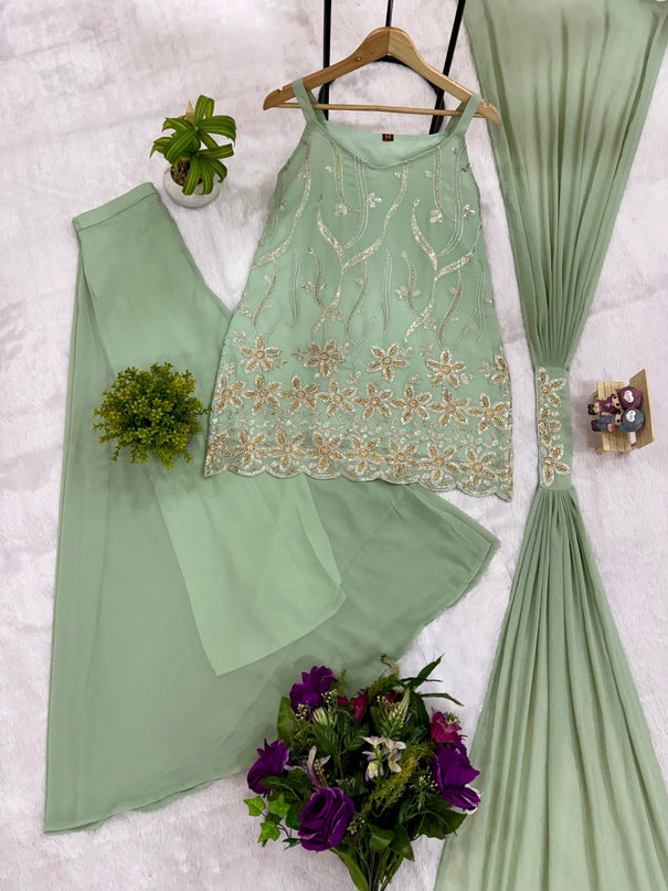 Faux Georgette Front & Back Embroidery Work Kurti Set