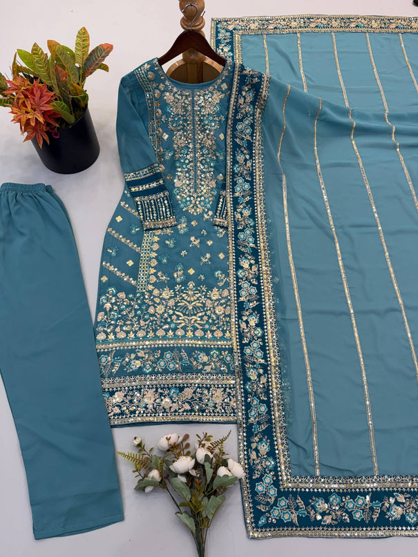 Fox Georgette Embroidery Sequence Work Top Bottom