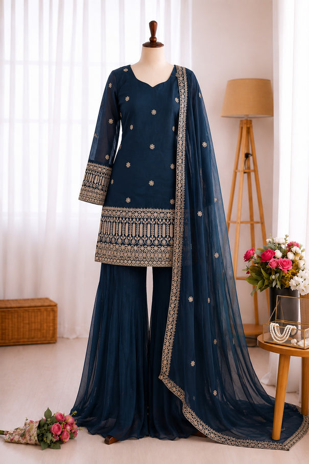 Crunchy Silk Embroidery Sequence & Jari Work Top Bottom