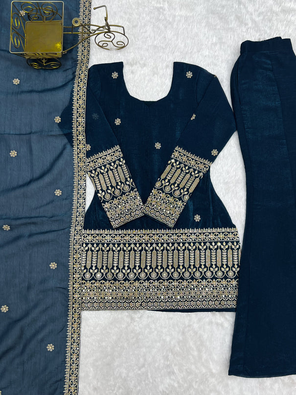 Crunchy Silk Embroidery Sequence & Jari Work Top Bottom