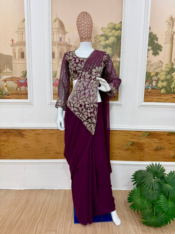 Faux Georgette Embroidery Zari & Semi Beads Work Saree