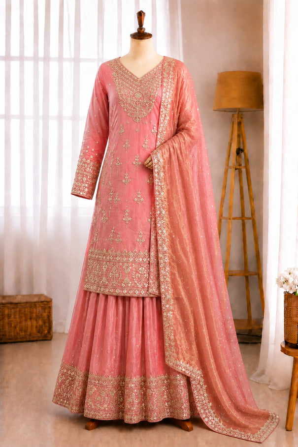 Fendy Silk Embroidery Sequence Work Top Sharara