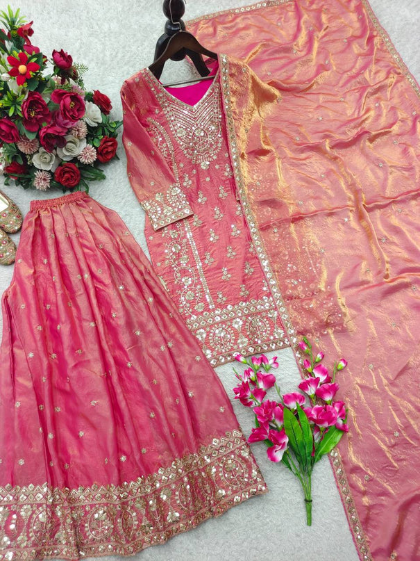 Fendy Silk Embroidery Sequence Work Top Sharara