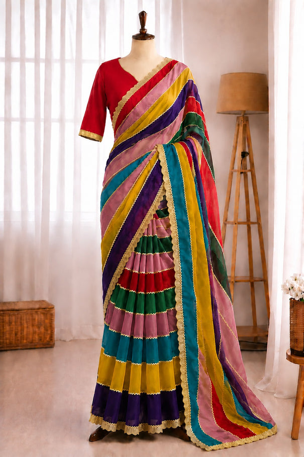 Fendy Space Silk Unique Cut Joint Pattern Gota Lace Work Saree
