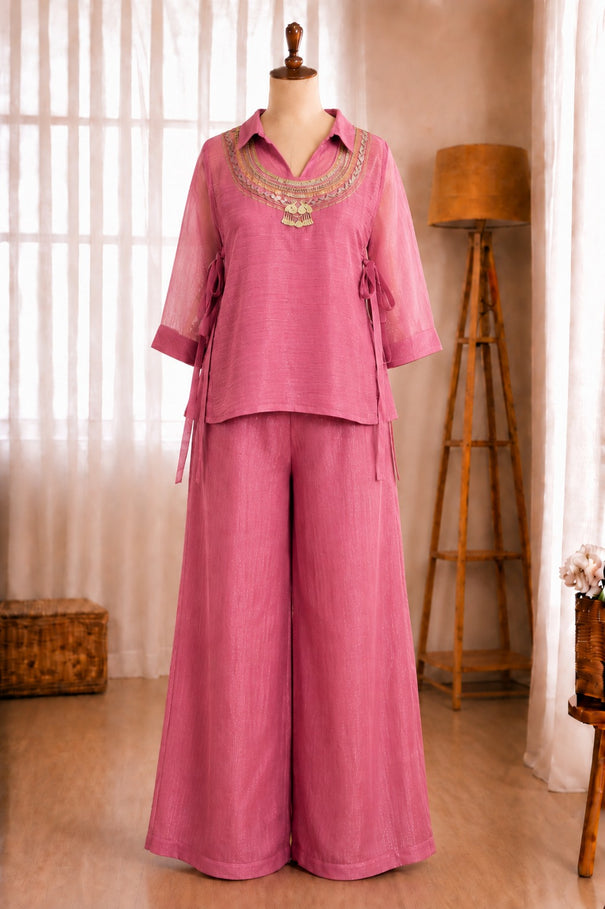 Premium Crunchy Silk Handwork Top Shirt Plazzo