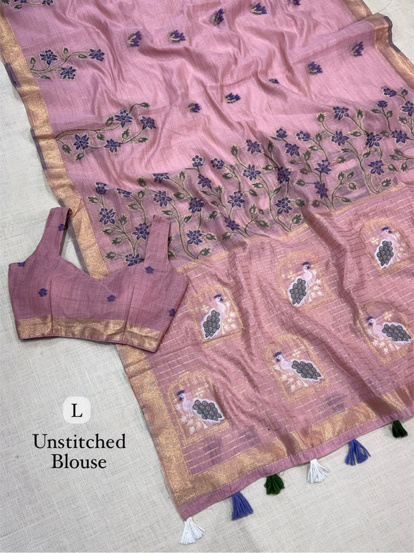 Linen Cotton Motif Zari Thread Weaving Jacquard Saree