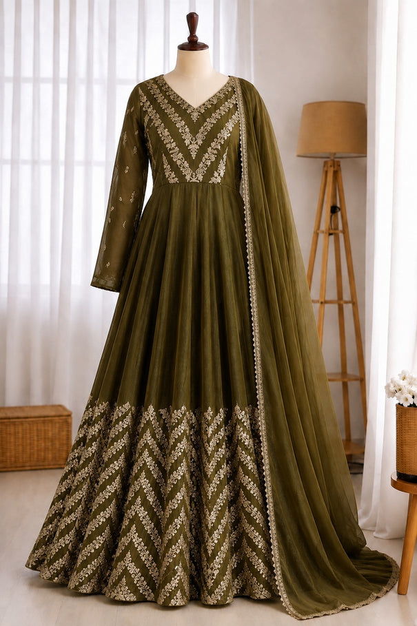 Crunchy Silk Embroidery Sequence Work Gown