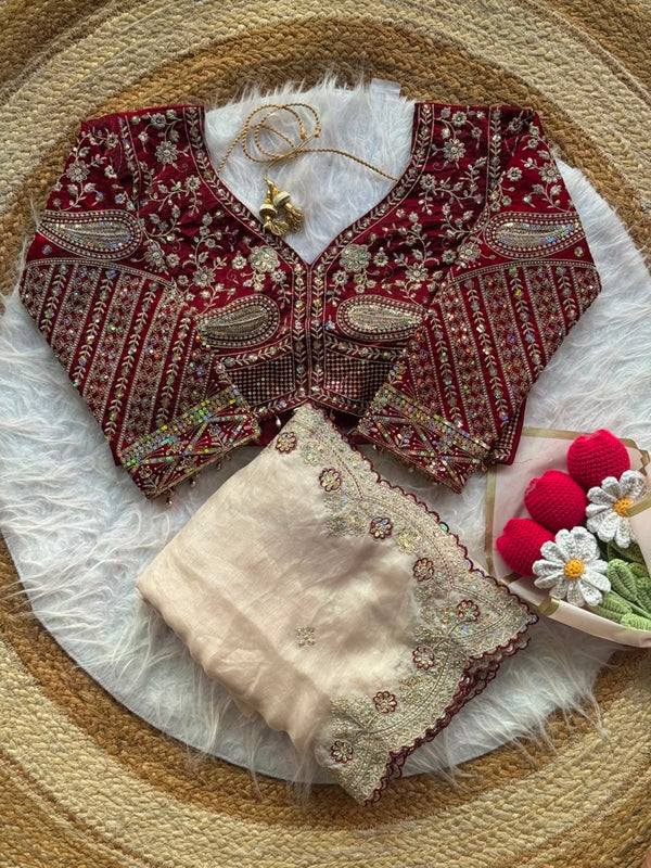 Soft Space Silk Sequins Jari Embroidery Work Saree