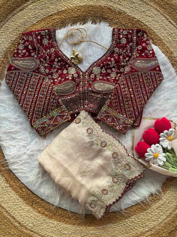 Soft Space Silk Sequins Jari Embroidery Work Saree