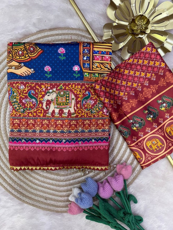 Soft Japan Satin Traditional Print Mirror Handwork Saree