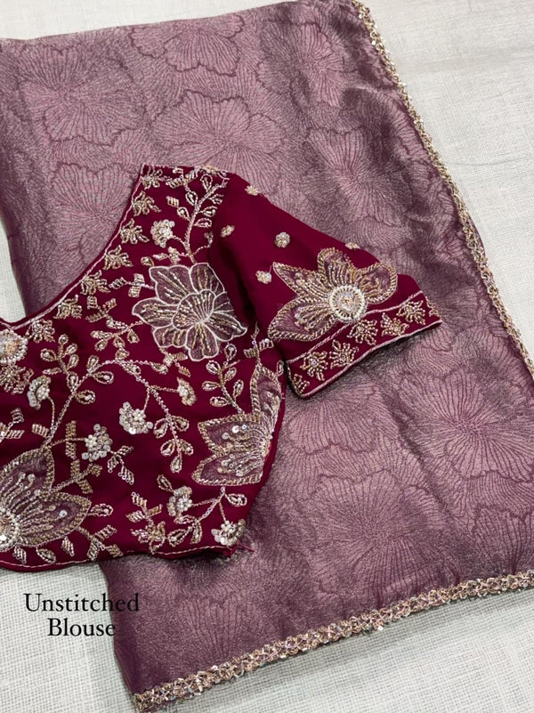 Mauve Blossom Royale – Fandy Satin Jacquard Saree