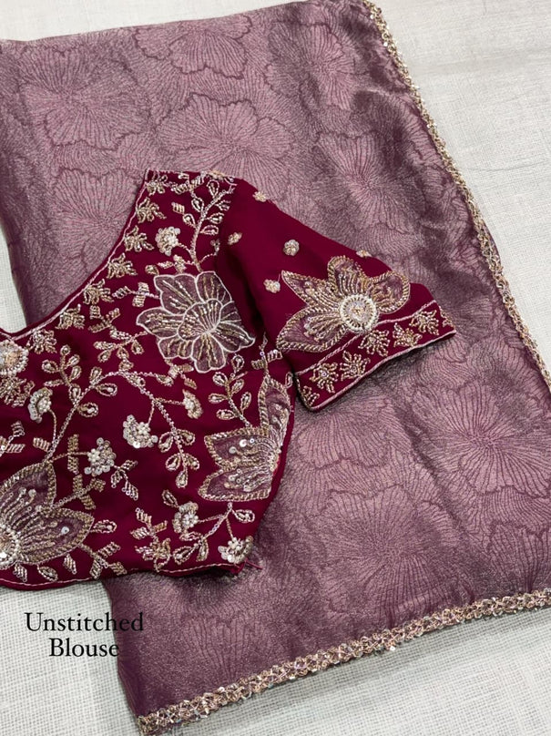 Mauve Blossom Royale – Fandy Satin Jacquard Saree