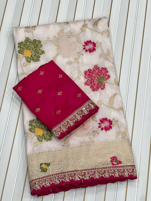 egant Wine Red & Ivory Dolla Silk Embroidered Saree with Unstitched Blouse