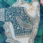 Peacock Teal Fendy Satin Embroidered Saree with Stitched Blouse
