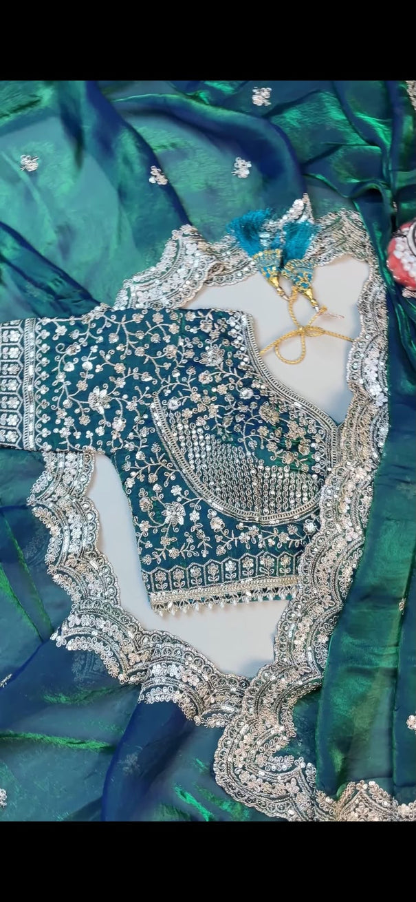 Peacock Teal Fendy Satin Embroidered Saree with Stitched Blouse