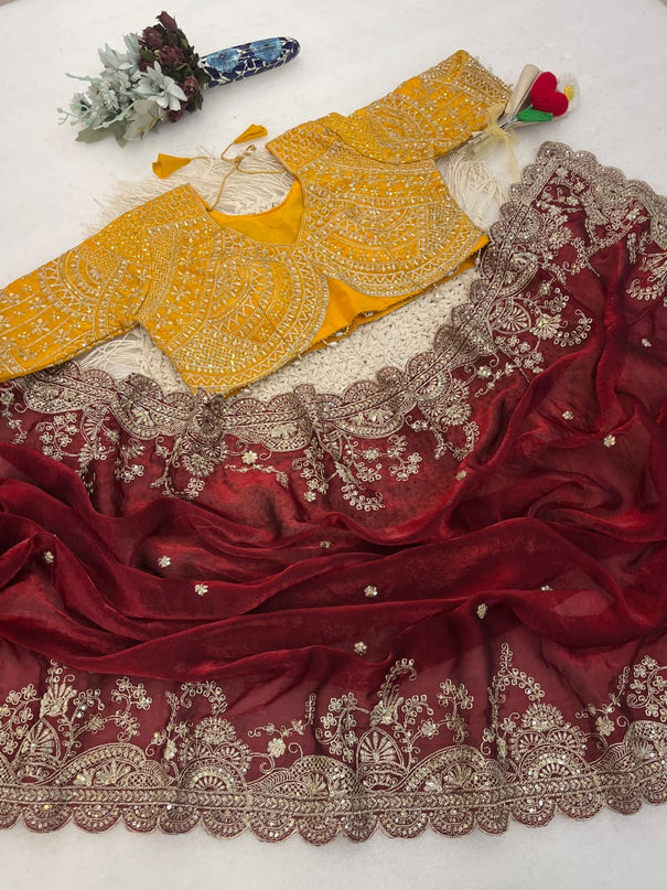 Elegant Fendy Satin Embroidery Work Saree