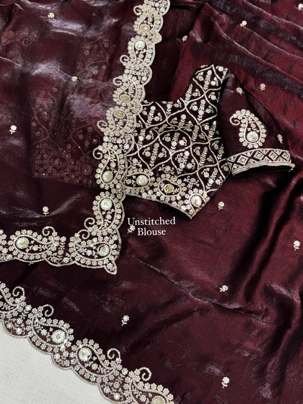 Dual Tone Fandy Satin Saree with Sequin & Zari Embroidery