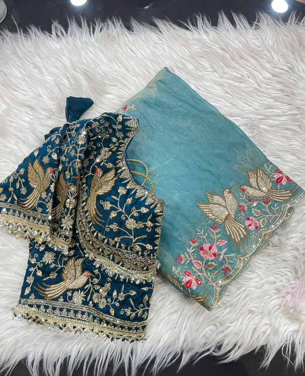 Fendy Satin Saree with Embroidery Work & Stitched Blouse