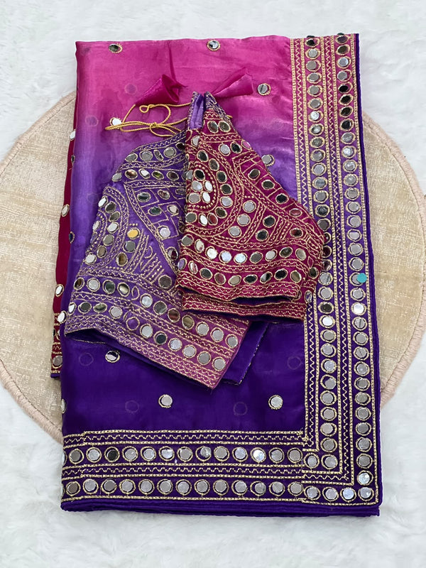 Fendy Satin Saree with Zari Embroidery & Real Mirror Work