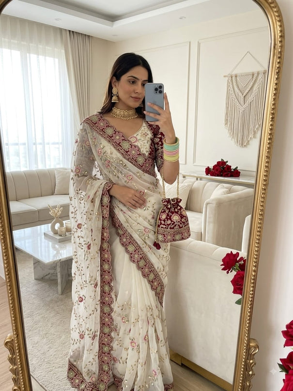 Elegant Fendy Satin Saree with 3+5mm Sequin Lehriya Embroidery Work