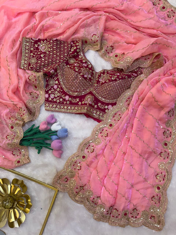 Soft Space Silk Saree with Bead Sequin & Zari Embroidery Work