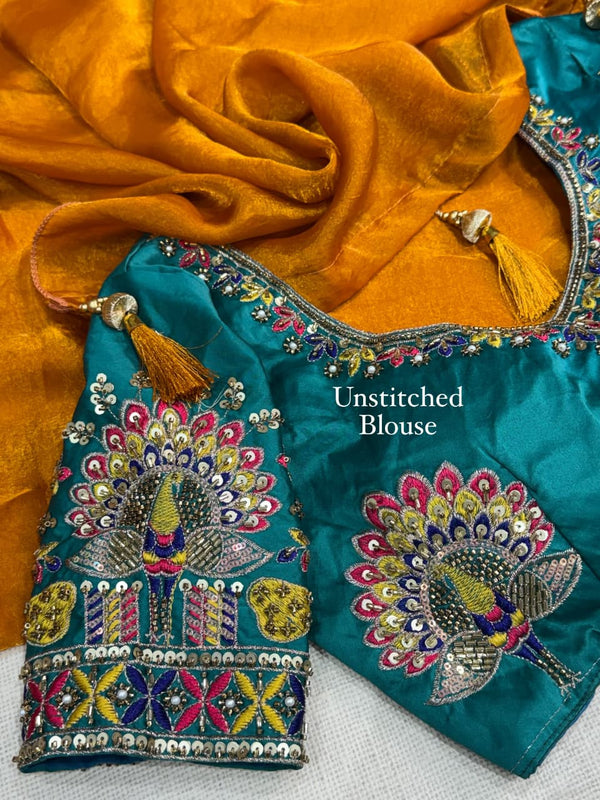 Pure Fendy Satin Dual Shade Saree with Fancy Tassels & Beaded Blouse