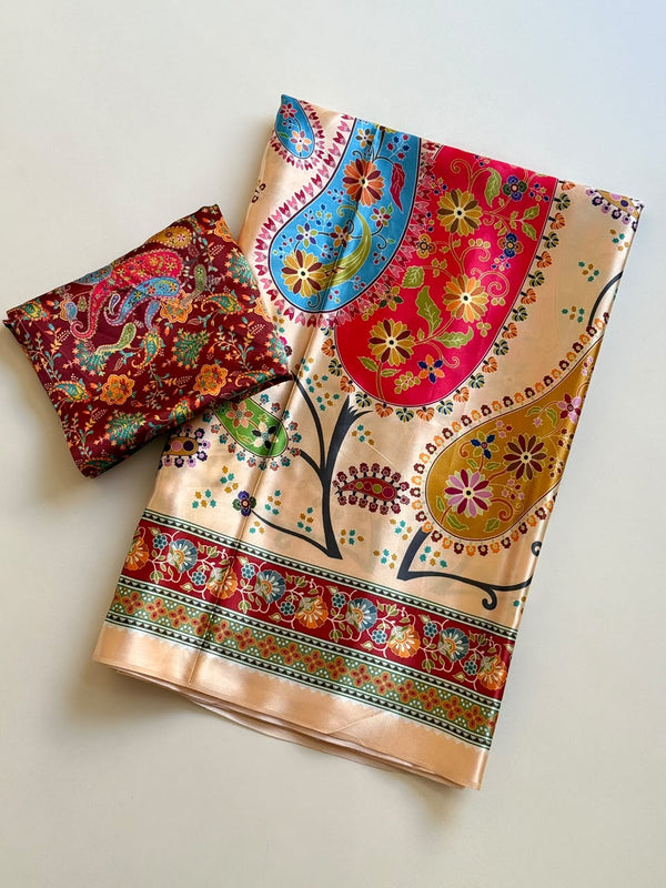 Satin Silk Saree with Traditional Digital Print & Contrast Blouse