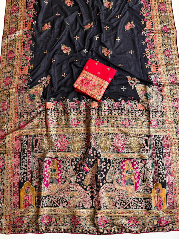 Rajwadi Pashmina Silk Saree with Kashmiri Thread & Zari Weaving Work