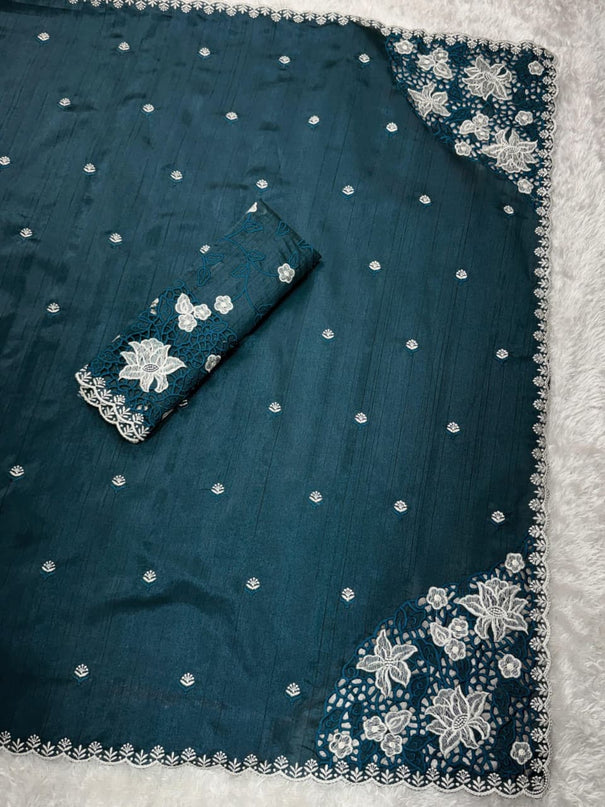 Tusser Cotton Saree with Thread Embroidery & Cutwork Border