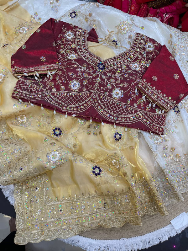 Fendy Satin Half Weaving Saree with Embroidery Work & Matching Stitched Embroidered Blouse