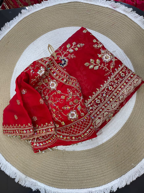 Fendy Satin Saree with Elegant Embroidery Work & Stitched Embroidered Blouse