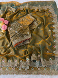 Soft Space Silk Saree with Heavy Embroidery & Sequin Work and Rich Zari Embroidered Stitched Blouse